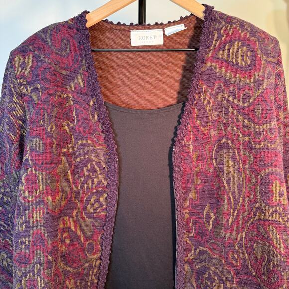 Koret Zip Front Tapestry Knit Jacket Purple Red Paisley Textured Vintage Chic - Picture 5 of 9